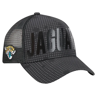 Men's New Era Black Jacksonville Jaguars  Midnight Ink Tonal Text A-Frame Trucker 9FORTY Adjustable Hat