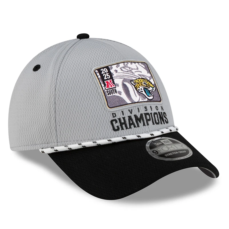 Men's New Era Gray/Black Jacksonville Jaguars 2025 AFC South Division Champions Locker Room Trophy Collection 9FORTY Adjustable Hat