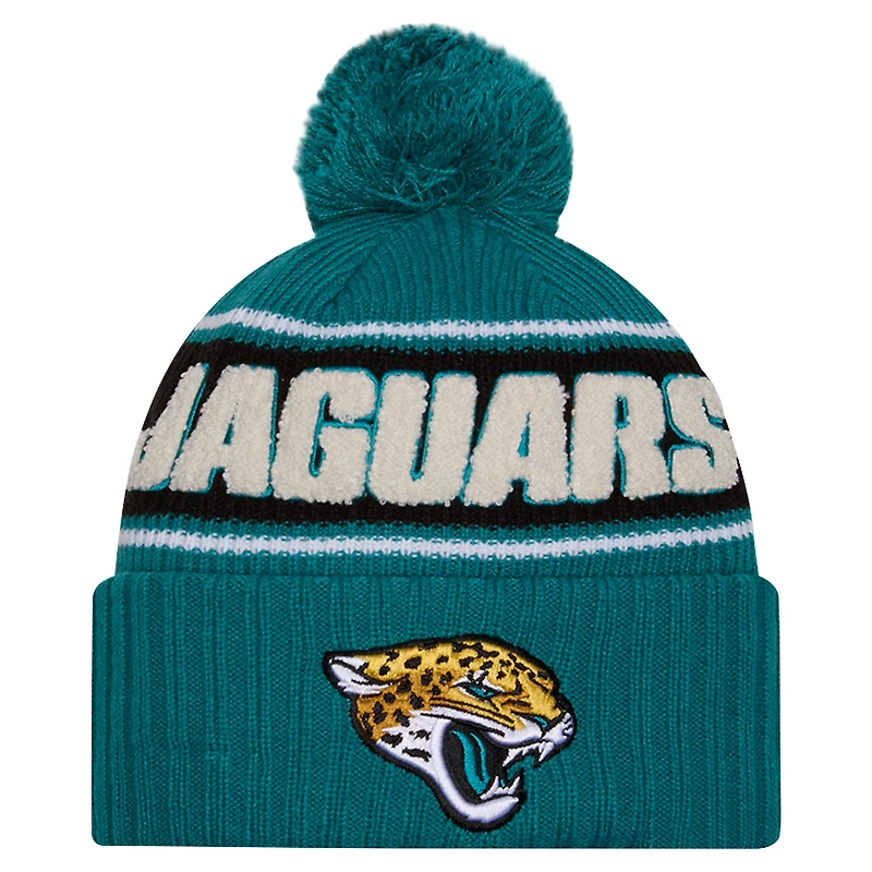 Bonnet tricoté à revers avec pompon Jacksonville Jaguars 2024 de New Era pour homme, bleu sarcelle
