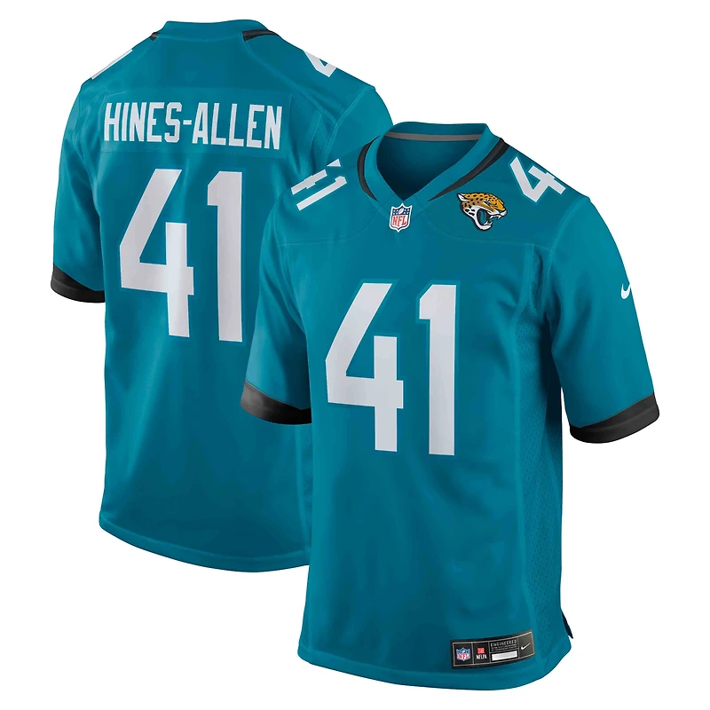Maillot de jeu joueur l'équipe Nike Josh Hines-Allen des Jacksonville Jaguars pour hommes, bleu sarcelle