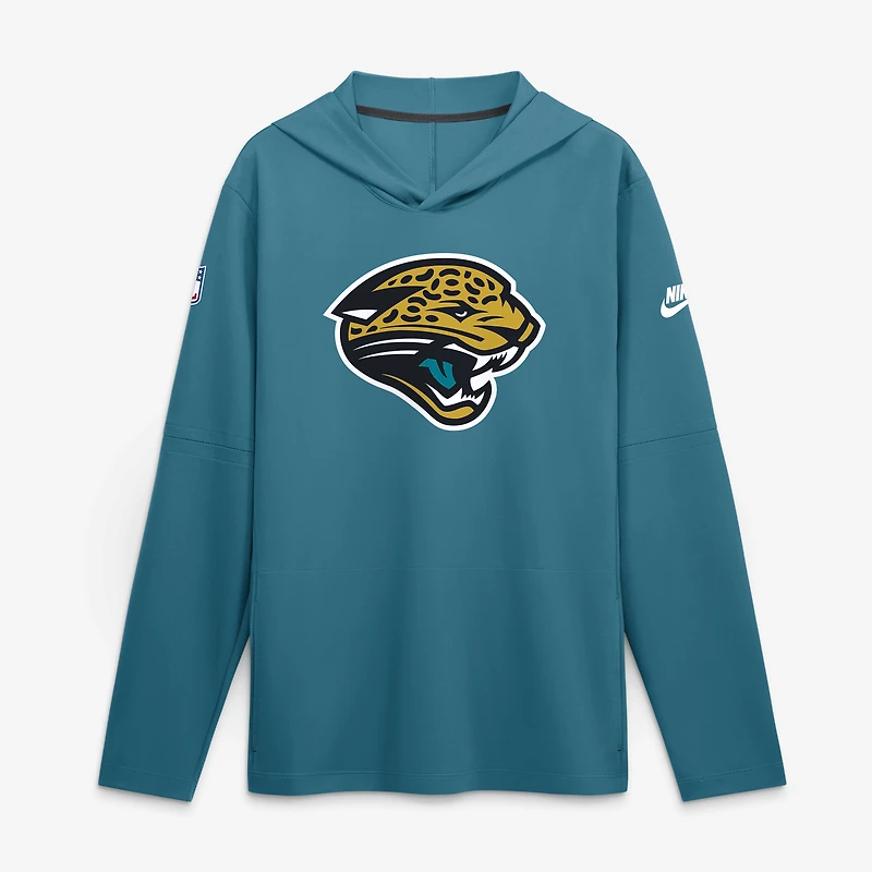 T-shirt à capuche manches longues Nike pour homme, couleur turquoise, Jacksonville Jaguars, technologie Dri-FIT Sideline.