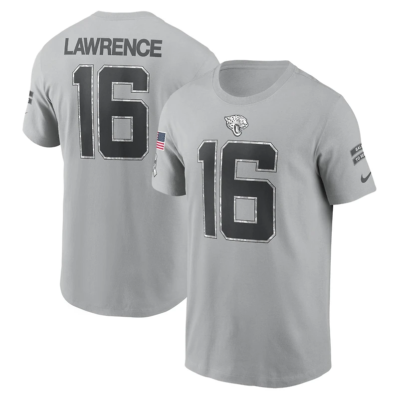 T-shirt Nike Trevor Lawrence pour homme, gris, Jacksonville Jaguars 2024 Salute To Service, nom et numéro