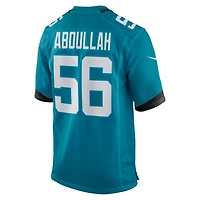 Maillot de match l'équipe Nike Yasir Abdullah pour hommes, bleu sarcelle, Jacksonville Jaguars