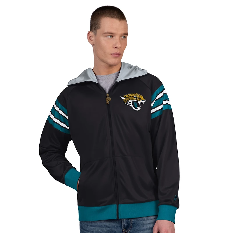 Veste de survêtement à capuche entièrement zippée Pro Player pour homme, noire/bleu sarcelle, motif casque des Jaguars Jacksonville