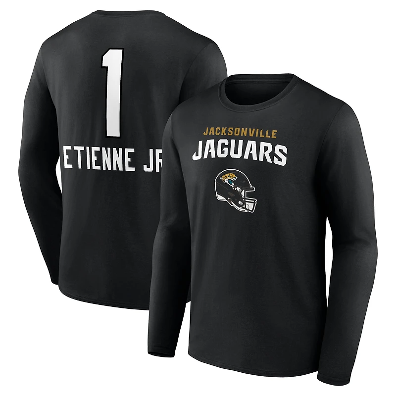 T-shirt à manches longues noir pour homme Travis Etienne Jr., avec nom et numéro de l'équipe des Jaguars Jacksonville.