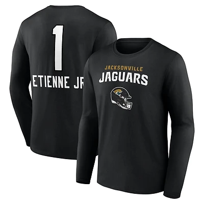 T-shirt à manches longues noir pour homme Travis Etienne Jr., avec nom et numéro de l'équipe des Jaguars Jacksonville.