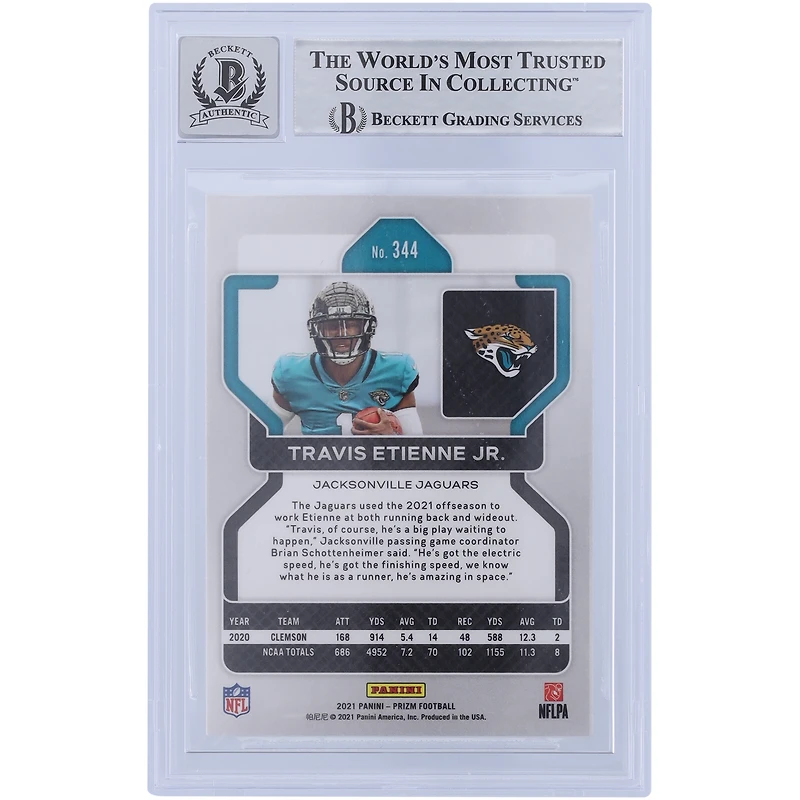 Carte de recrue 9/10 authentifiée signée Travis Etienne Jacksonville Jaguars Panini Prizm #344 2021 Beckett Fanatics