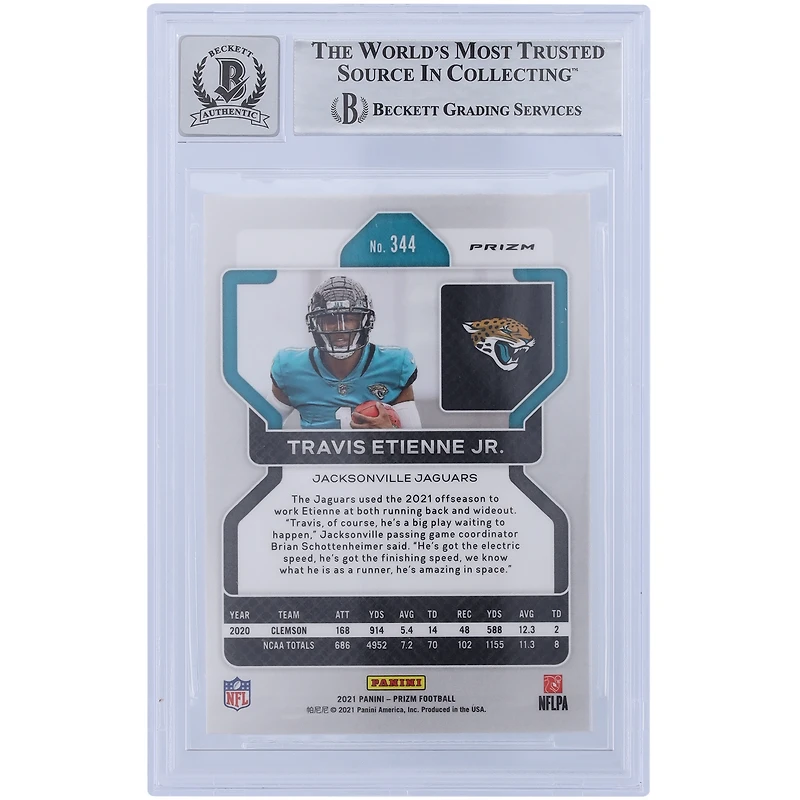 Travis Etienne Jacksonville Jaguars Autographed 2021 Panini Prizm Silver #344 Beckett Fanatics Witnessed Authenticated 9/10 Rookie Card