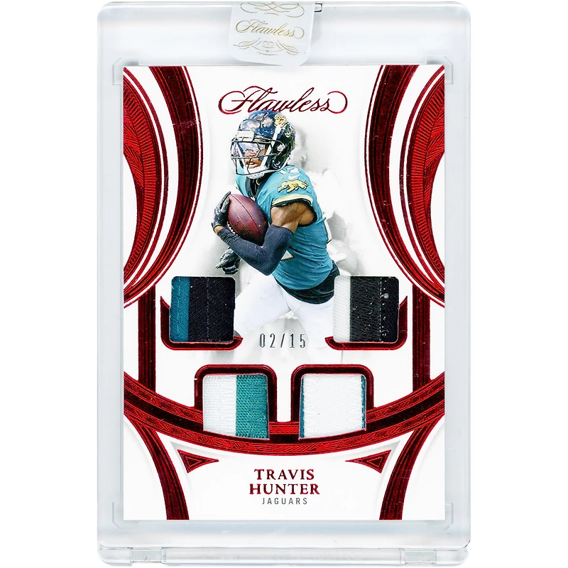 Carte de recrue Travis Hunter, Jacksonville Jaguars 2025 Panini Flawless Ruby Rookie Showcase Quad Tri-Color Relics #RS-THR #2/15