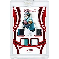 Carte de recrue Travis Hunter, Jacksonville Jaguars 2025 Panini Flawless Ruby Rookie Showcase Quad Tri-Color Relics #RS-THR #2/15
