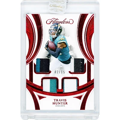 Travis Hunter Jacksonville Jaguars 2025 Panini Flawless Ruby Rookie Showcase Quad Tri-Color Relics #RS-THR #2/15 Rookie Card