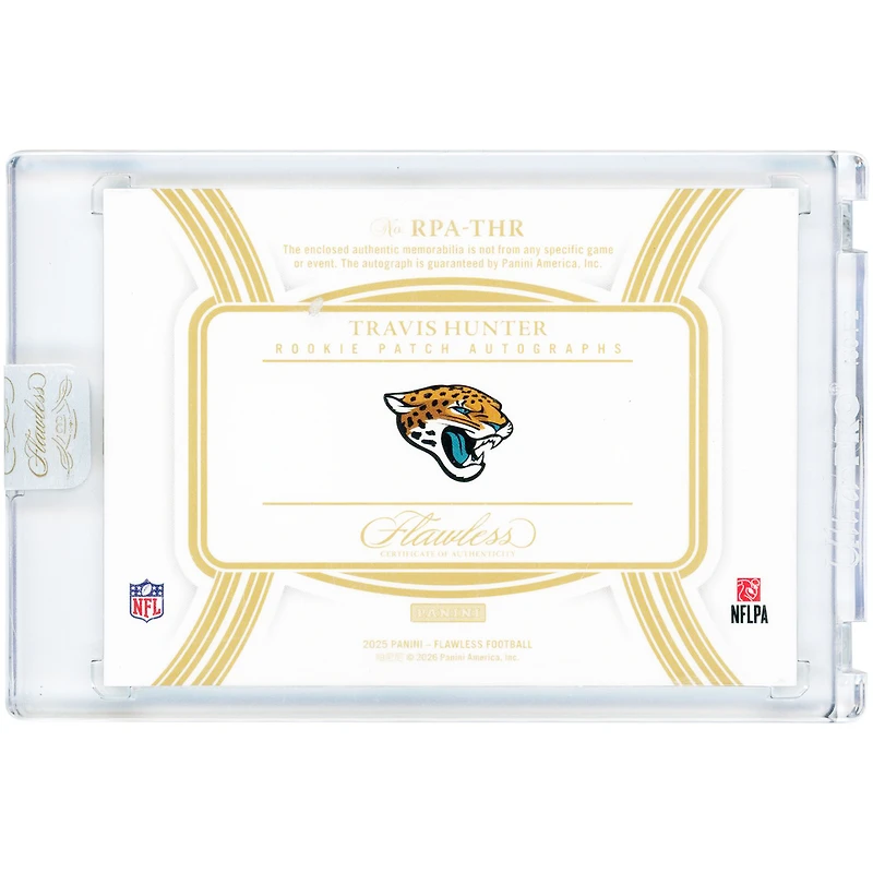 Travis Hunter Jacksonville Jaguars Autographed 2025 Panini Flawless Emerald Rookie Patch Nike Logo Dual-Color Relic #RPA-THR #5/5 Rookie Card
