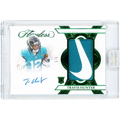 Travis Hunter Jacksonville Jaguars Autographed 2025 Panini Flawless Emerald Rookie Patch Nike Logo Dual-Color Relic #RPA-THR #5/5 Rookie Card