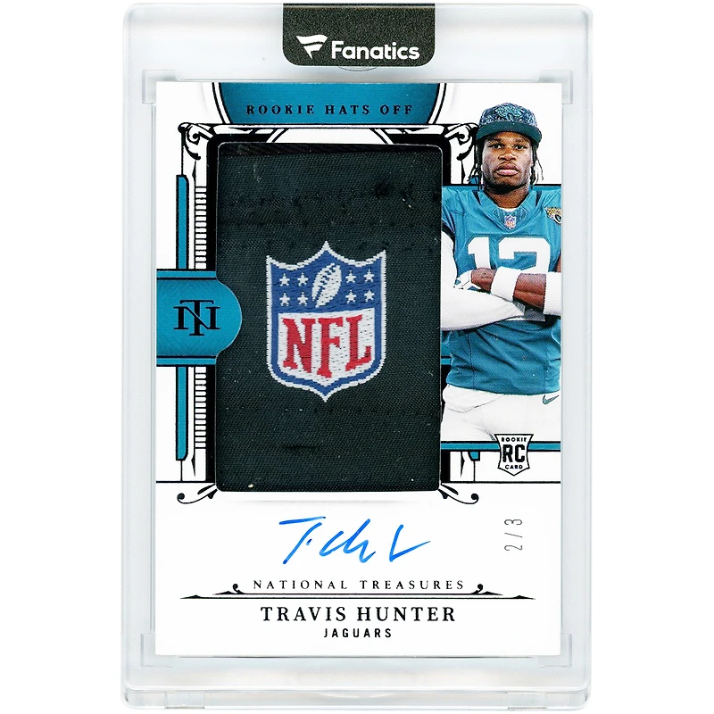 Travis Hunter Jacksonville Jaguars Autographed 2025 Panini National Treasures Rookie Hats Off NFL Crest Logo Relic #RHO-THR #2/3 Rookie Card
