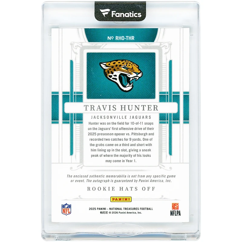 Travis Hunter Jacksonville Jaguars Autographed 2025 Panini National Treasures Rookie Hats Off NFL Crest Logo Relic #RHO-THR #2/3 Rookie Card
