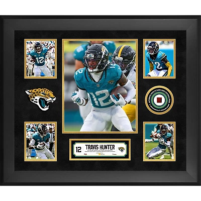 Collage encadré de 5 photos (51 x 61 cm) de Travis Hunter, joueur des Jaguars de Jacksonville, avec un morceau de ballon de football américain utilisé lors d'un match - Édition limitée à 500 exemplaires