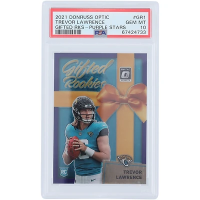 Carte de recrue authentifiée 10 de Trevor Lawrence Jacksonville Jaguars 2021 Panini Donruss Optic Gifted Rookies Purple #GR-1 #12/25 PSA