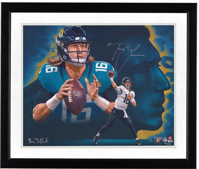 Photo dédicacée de Trevor Lawrence (Jacksonville Jaguars) - Format 40,6 x 50,8 cm - Créée et signée par l'artiste Brian Konnick - Édition limitée à 50 exemplaires
