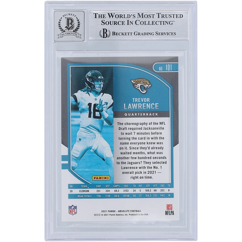Trevor Lawrence Jacksonville Jaguars Autographed 2021 Panini Absolute #101 Beckett Fanatics Witnessed Authenticated 9/10 Rookie Card