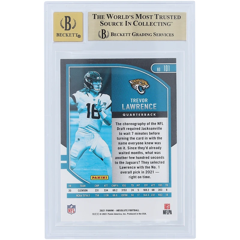 Carte de recrue autographiée 2021 Panini Absolute #101 Beckett Fanatics Witnessed Authenticated 9.5/10 Rookie par Trevor Lawrence Jacksonville Jaguars