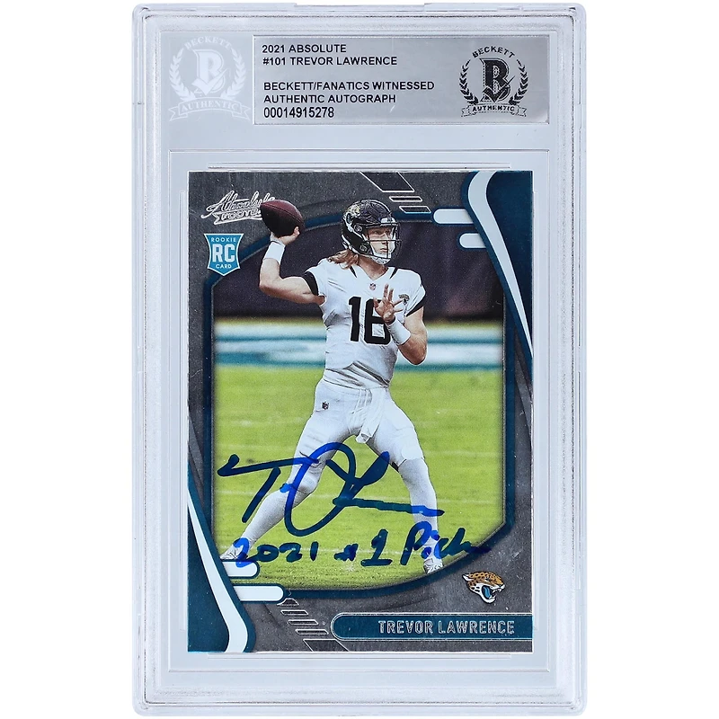 Carte de recrue autographiée de Trevor Lawrence (Jaguars de Jacksonville) Panini Absolute 2021 n° 101, authentifiée par Beckett Fanatics Witnessed, avec inscription « Choix n° 1 de la saison 2021 ».