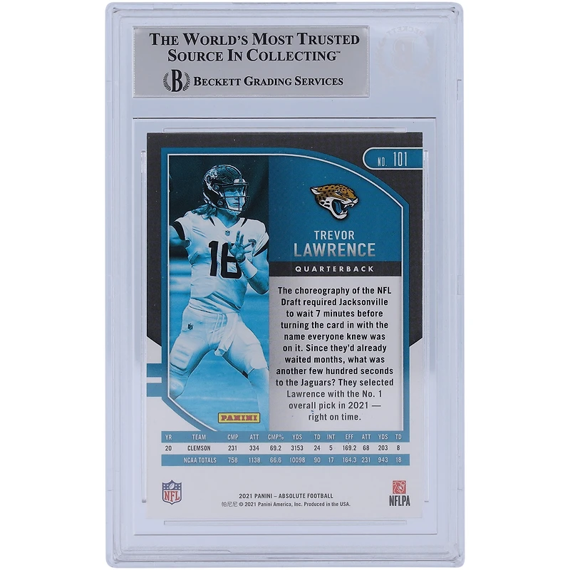 Carte de recrue authentifiée autographiée par Trevor Lawrence Jacksonville Jaguars Panini Absolute 2021 n° 101 Beckett Fanatics