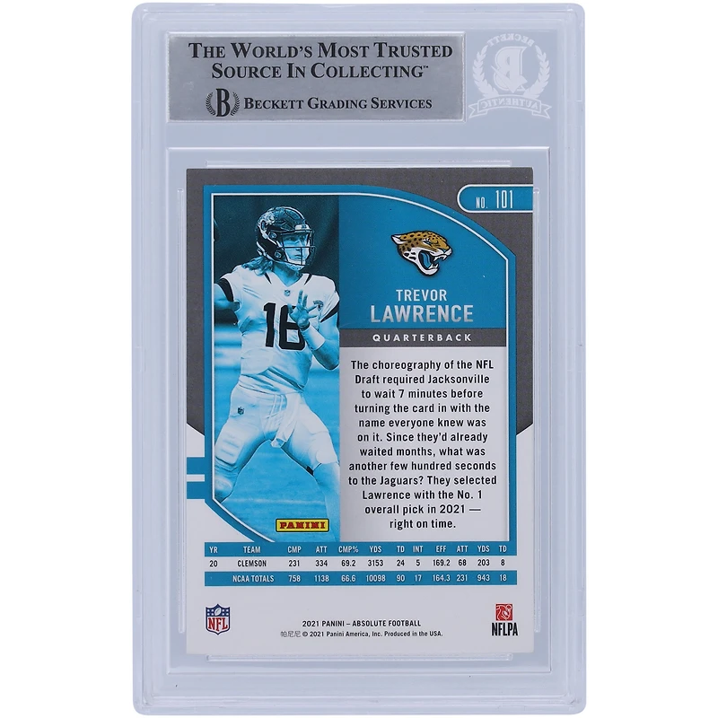 Carte de recrue authentifiée autographiée par Trevor Lawrence Jacksonville Jaguars Panini Absolute Red #101 Beckett 2021