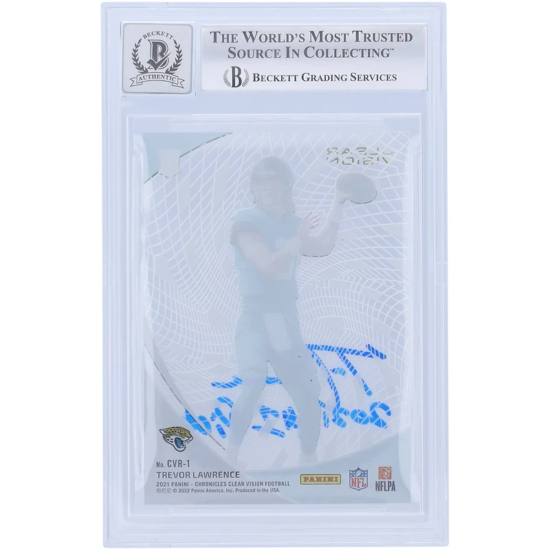 Carte de recrue 2021 Panini Chronicles Clear Vision #CVR-1 de Trevor Lawrence (Jaguars de Jacksonville), autographiée et authentifiée par Beckett Fanatics Witnessed, avec inscription « Choix n° 1 de la saison 2021 ».