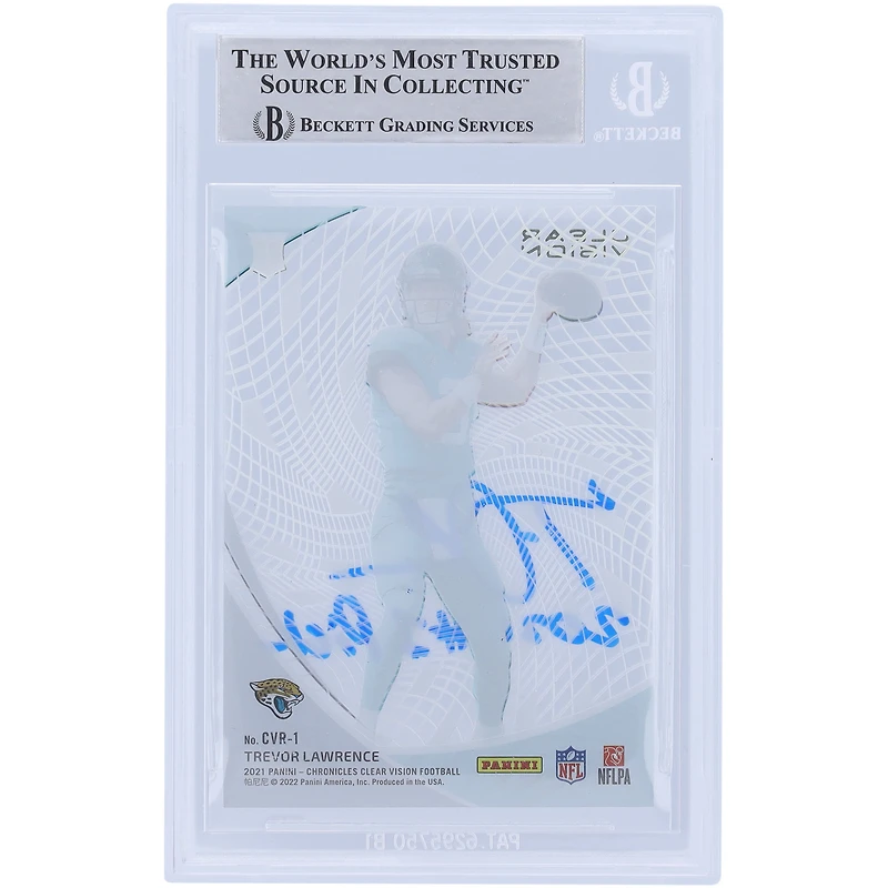 Carte de recrue autographiée de Trevor Lawrence (Jaguars de Jacksonville) 2021 Panini Chronicles Clear Vision #CVR-1, authentifiée par Beckett Fanatics Witnessed, avec inscription « Choix n° 1 de la saison 2021 ».