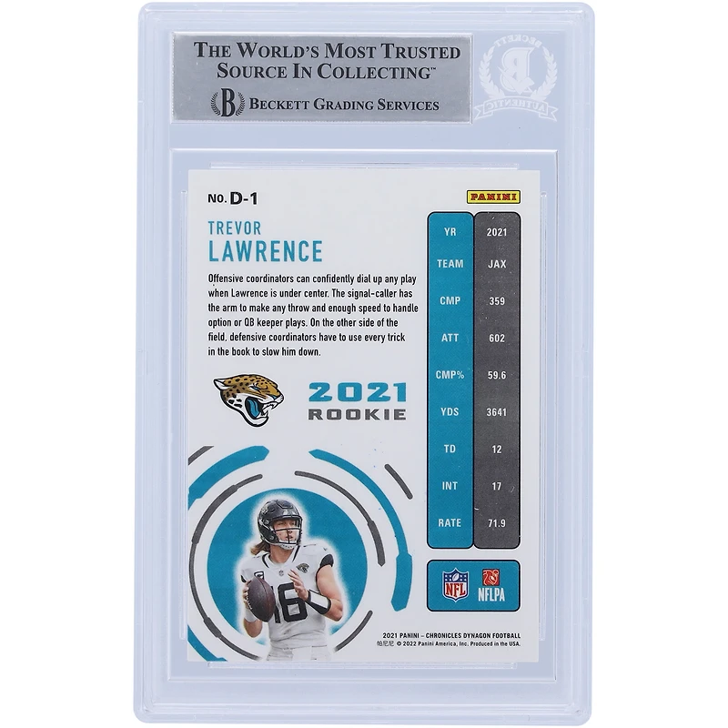 Carte de recrue authentifiée signée Trevor Lawrence Jacksonville Jaguars 2021 Panini Chronicles Dynagon #D-1 Beckett Fanatics