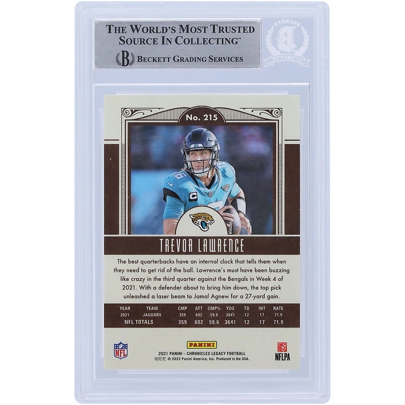 Carte de recrue authentifiée signée Trevor Lawrence Jacksonville Jaguars Panini Chronicles Legacy #215 2021 par les fanatiques de Beckett