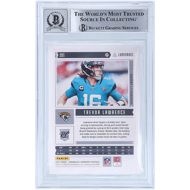 Carte de recrue autographiée 2021 Panini Chronicles Luminance #201 Beckett Fanatics Witnessed Authenticated 10 Rookie par Trevor Lawrence Jacksonville Jaguars