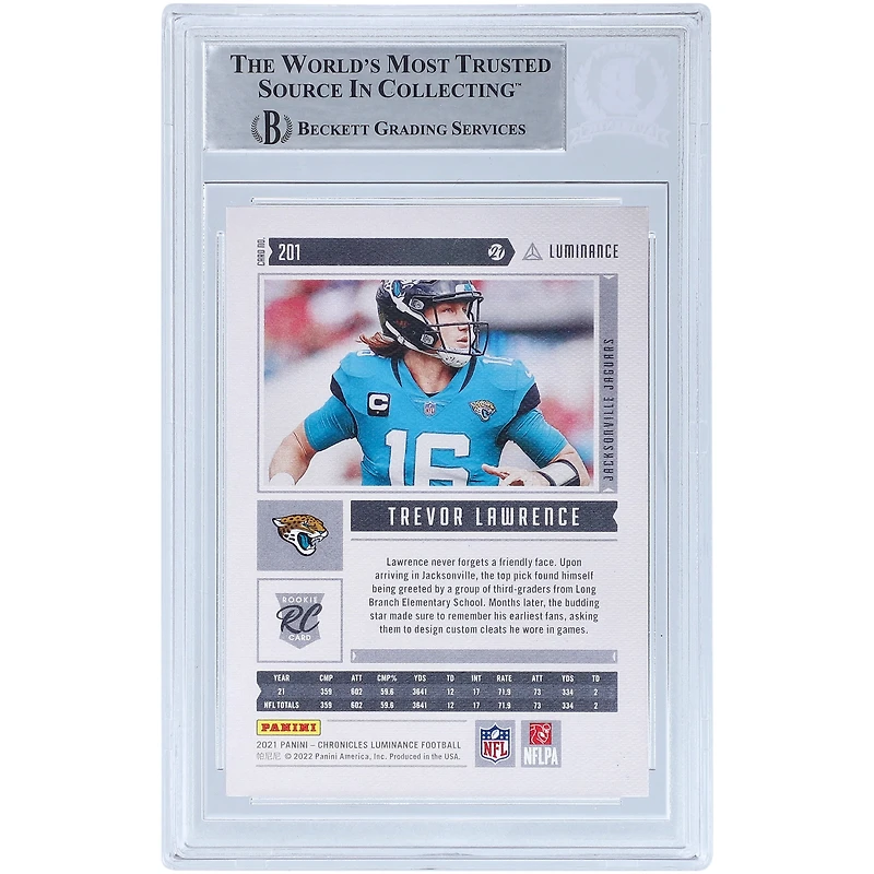 Carte de recrue authentifiée 2021 Panini Chronicles Luminance #201 signée Trevor Lawrence Jacksonville Jaguars par les fanatiques de Beckett avec l'inscription « 2021 #1 Pick »