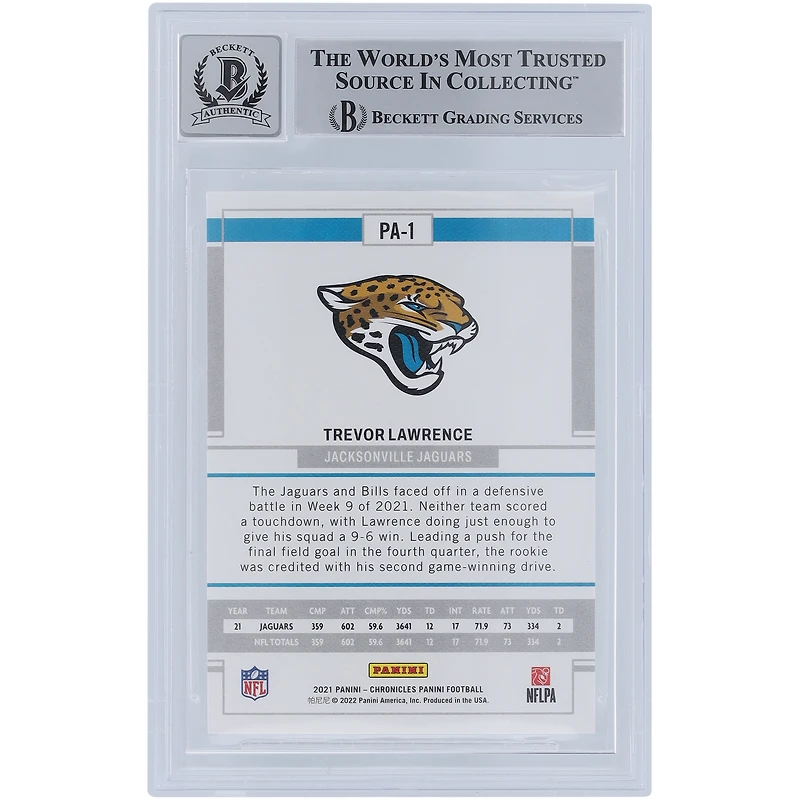 Trevor Lawrence Jacksonville Jaguars Autographed 2021 Panini Chronicles #PA-1 Beckett Fanatics Witnessed Authenticated 10 Rookie Card with "NFL Debut 9/12/21" Inscription