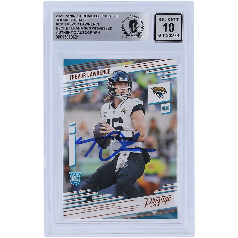 Carte de recrue autographiée de Trevor Lawrence (Jaguars de Jacksonville), Panini Chronicles Prestige Update 2021 n° 201, certifiée Beckett Fanatics Witnessed 10