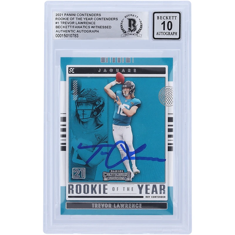 Carte de recrue de l'année 2021 autographiée par Trevor Lawrence Jacksonville Jaguars #ROY-TLR Beckett Fanatics a été témoin de la carte de recrue 10 authentifiée