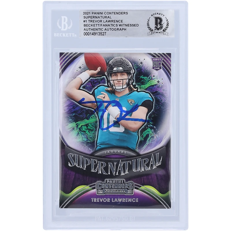 Carte de recrue authentifiée signée Trevor Lawrence Jacksonville Jaguars 2021 Panini Contenders Supernatural #SN-TLR Beckett Fanatics