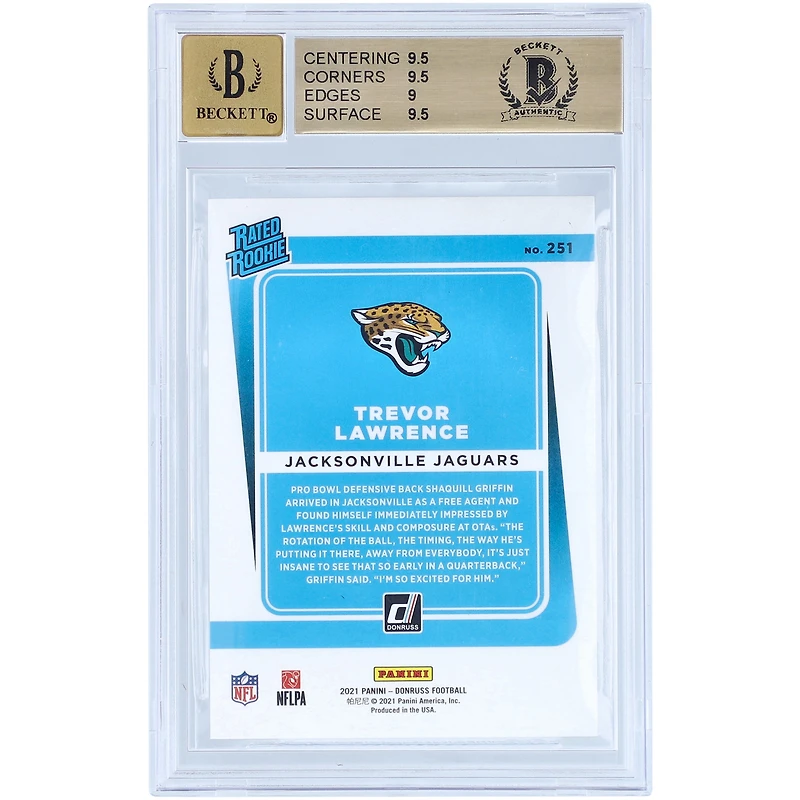 Carte de recrue autographiée de Trevor Lawrence (Jaguars de Jacksonville), édition 2021 Panini Donruss, n° 251, authentifiée par Beckett Fanatics Witnessed (note : 9,5/10) - Sous-notes : 9,5/9,5/9/9,5