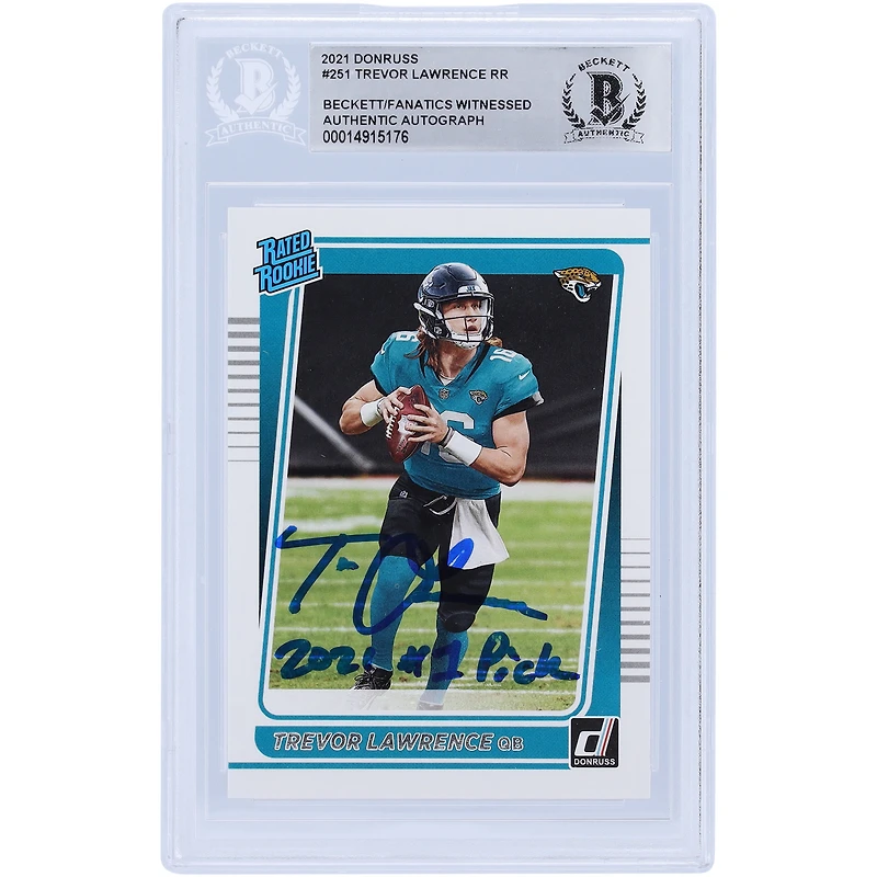Carte de recrue authentifiée 2021 Panini Donruss Rated Rookie #251 signée Trevor Lawrence Jacksonville Jaguars avec l'inscription « 2021 #1 Pick » et présentée par Beckett Fanatics