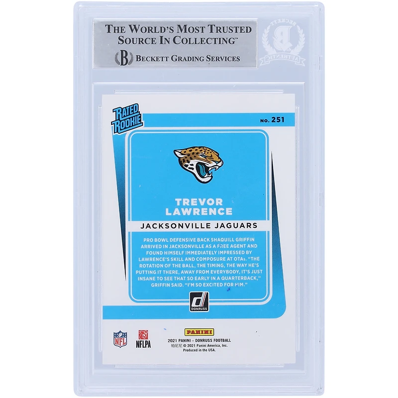 Carte de recrue authentifiée 2021 Panini Donruss Rated Rookie #251 signée Trevor Lawrence Jacksonville Jaguars avec l'inscription « 2021 #1 Pick » et présentée par Beckett Fanatics