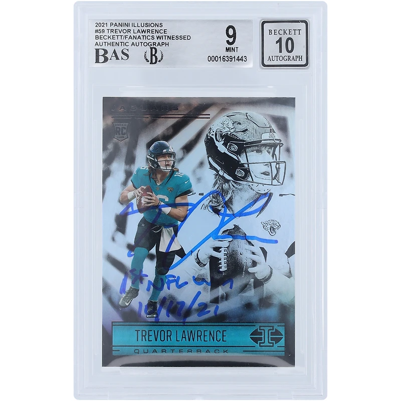 Carte de recrue 9/10 authentifiée signée Trevor Lawrence Jacksonville Jaguars Panini Illusions #59 Beckett Fanatics Witnessed 2021 avec l'inscription « 1st NFL Win 10/17/21 »