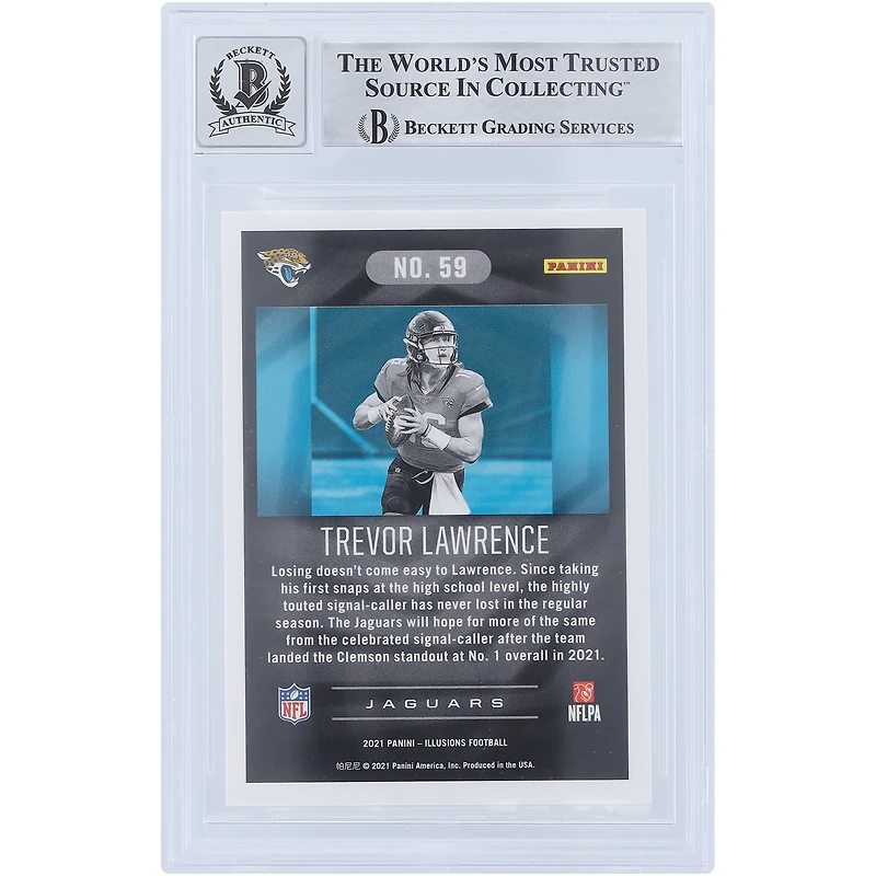 Carte de recrue 9/10 authentifiée signée Trevor Lawrence Jacksonville Jaguars Panini Illusions #59 Beckett Fanatics Witnessed 2021 avec l'inscription « 1st NFL Win 10/17/21 »
