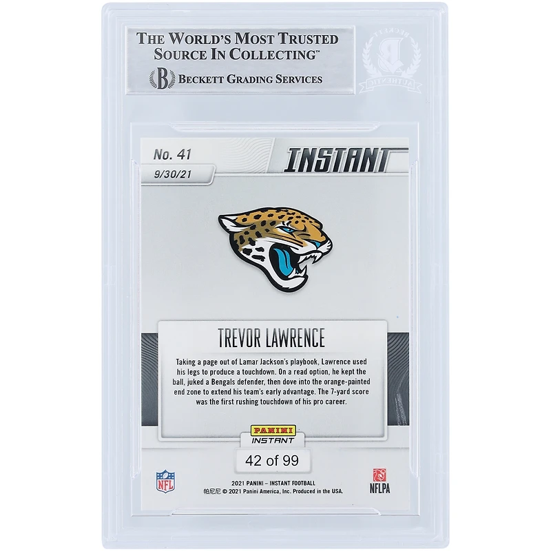 Carte de recrue authentifiée Panini Instant NFL 2021 autographiée par Trevor Lawrence Jacksonville Jaguars #41 #42/99 Beckett Fanatics