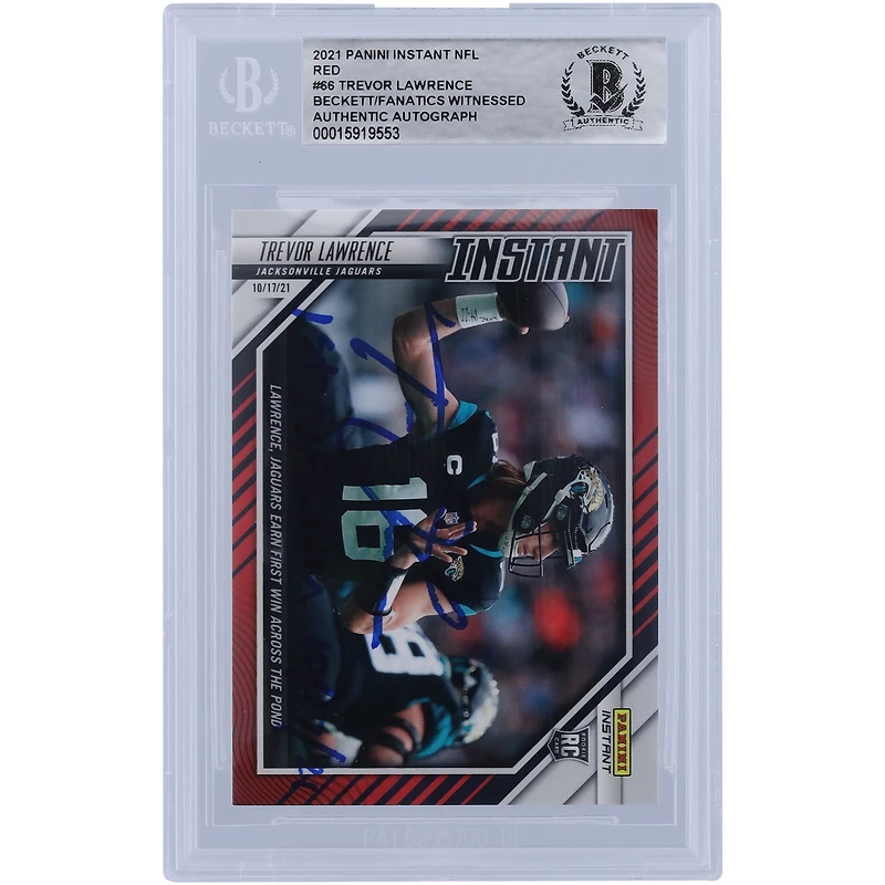 Trevor Lawrence Jacksonville Jaguars Autographed 2021 Panini Instant Red Variation #66 #/99 Beckett Fanatics Witnessed Authenticated Rookie Card with "1st NFL Win 10/17/21" Inscription