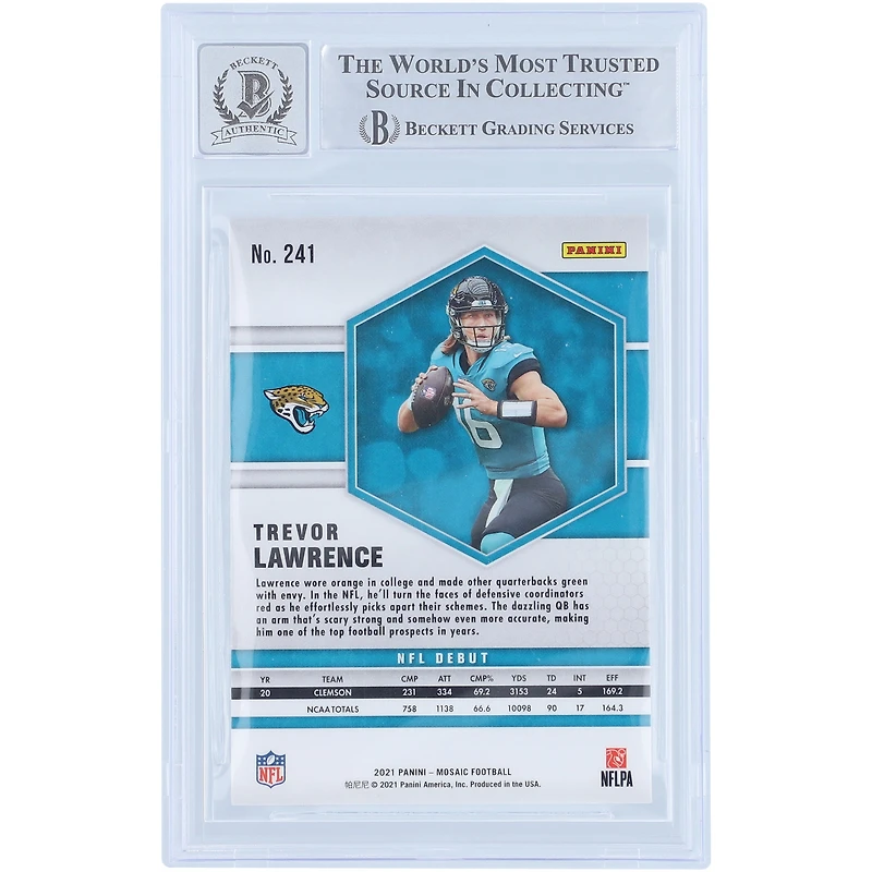 Carte de recrue autographiée Trevor Lawrence (Jaguars de Jacksonville), Panini Mosaic NFL Debut 2021, n° 241, certifiée Beckett Fanatics Witnessed 10