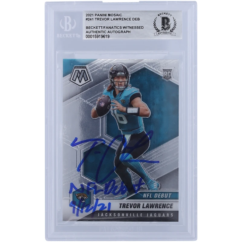 Carte de recrue authentifiée signée Trevor Lawrence Jacksonville Jaguars Panini Mosaic NFL Debut #241 2021 Beckett Fanatics avec l'inscription « NFL Debut 9/12/21 »