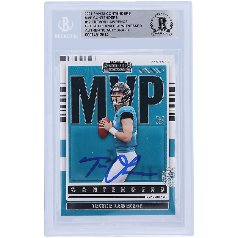 Carte de recrue authentifiée par Fanatics Witnessed, signée par Trevor Lawrence, des Jaguars de Jacksonville (édition 2021 Panini MVP Contenders #MVP-TLA).