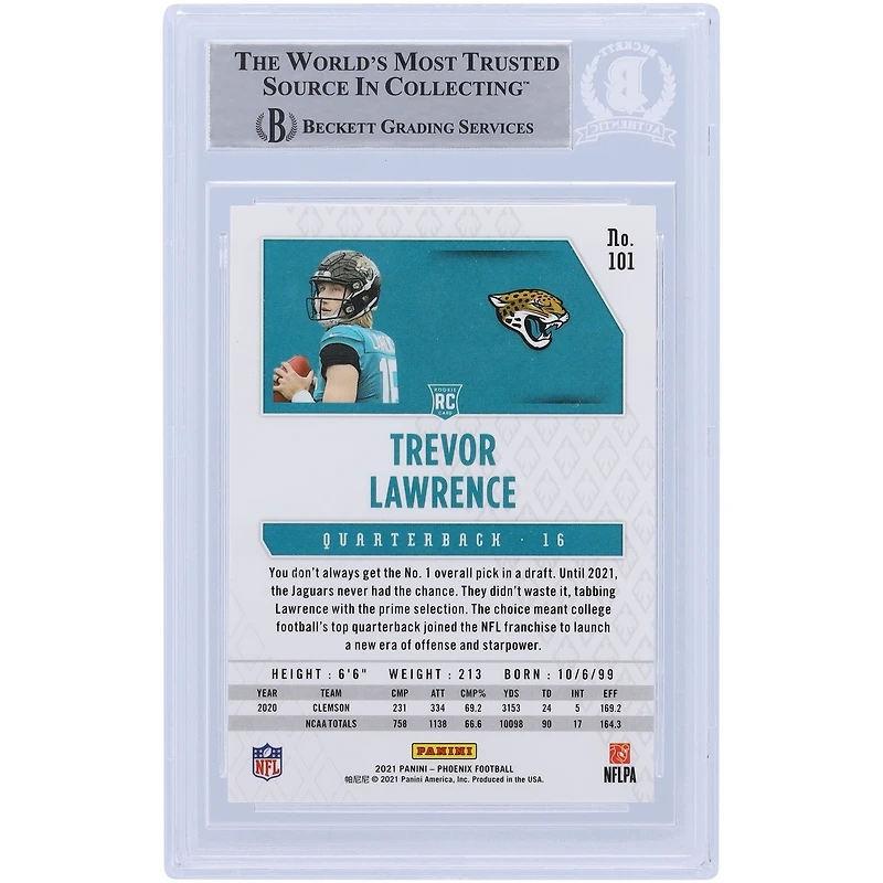 Carte de recrue authentifiée signée par Trevor Lawrence Jacksonville Jaguars Panini Phoenix #101 2021 Beckett Fanatics