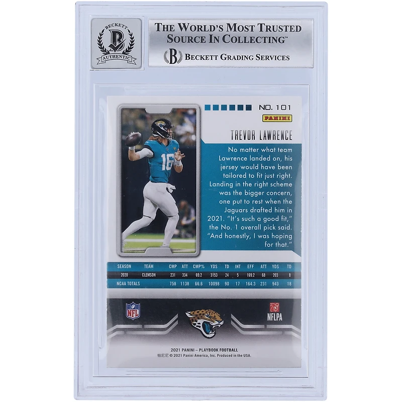 Carte de recrue Panini 2021 autographiée par Trevor Lawrence Jacksonville Jaguars Purple #101 Beckett Fanatics Witnessed Authenticated 10 Rookie
