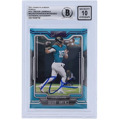 Carte de recrue Panini 2021 autographiée par Trevor Lawrence Jacksonville Jaguars Purple #101 Beckett Fanatics Witnessed Authenticated 10 Rookie